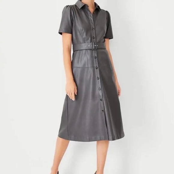 Ann Taylor Short Sleeve Faux Leather Midi Shirtdress in Alley Gray | Size 12P - Picture 1 of 4